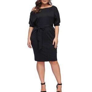 Slant Off-Shoulder Tie-Waist Dress – Button Detail • Sculpted Fit • Knee Length